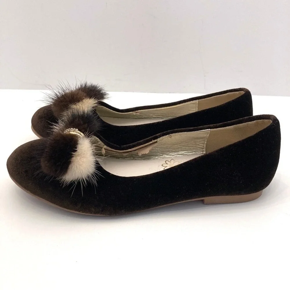 Nanette Lepore Velvet Mink PomPom Toe Ballet Flats Brown Girls 3